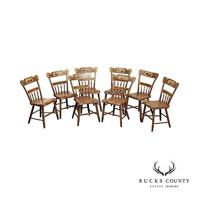 Set Of Eight Grain Painted Plank Seat Dining Chairs • $2195