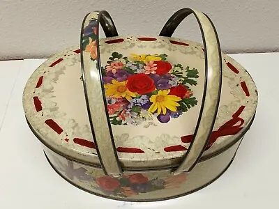 Vintage TIN OVAL BASKET W/ HANDLES RED ROSES YELLOW DAISIES FLOWERS 11 X8 X4  • $45