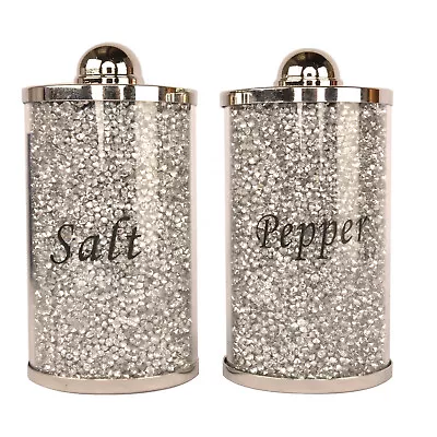 Salt And Pepper Shakers Set Pot Filled Silver Crushed Diamond Glass Jar Can • £15.95