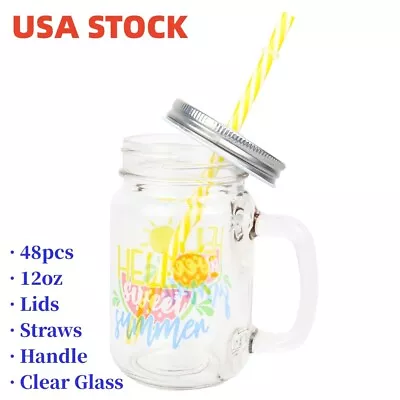 US-48pcs 12oz Mason Jar Drinking Glasses With Handle Clear Glass Iced Coffee Cup • $88.36