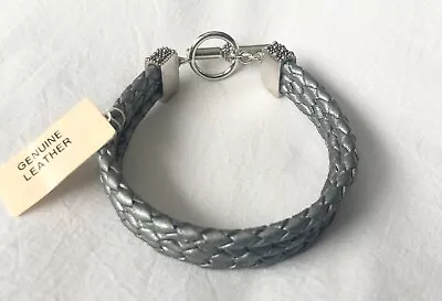 Michael Dawkins Sterling Silver Platinum Gray Leather 3 Strand Bracelet. Sz Lg • $45