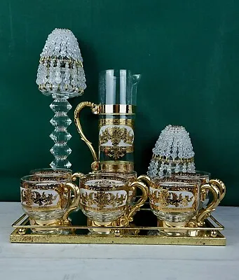 Russian Martini Cocktail Pitcher & 6 Lowball Handled Glasses Set Gold Filigree  • $117.33