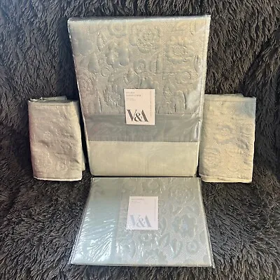 V&A Georgine UK Double Duvet Cover & Pillowcase Bedding Set Soft Jade • £119.97