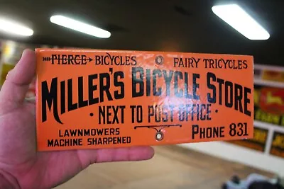 Miller's Bicycle Store Porcelain Metal Sign Pierce Fairy Tricycles Motorcycle 66 • $90