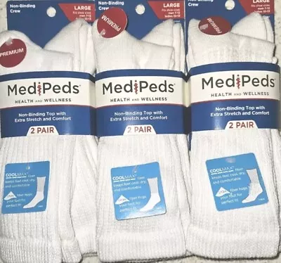 6 Pair MediPeds Non-Binding Diabetic Crew Socks L Large Men's 7-12 Women's 10-13 • $29.99