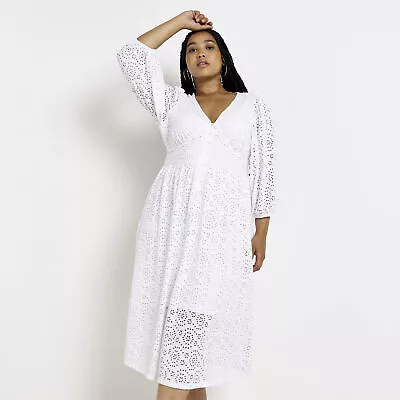 £14 • Buy River Island Womens Maxi Dress White 3/4 Sleeve V-Neck Broidery Midi Casual