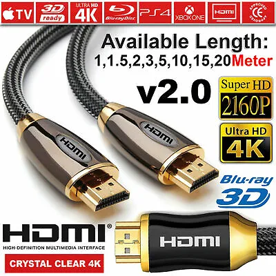 PREMIUM HDMI Cable V2.0 HD High Speed 4K 2160p 3D Lead 1m/2m/4m/5m/10m/15m/20m • £9.97