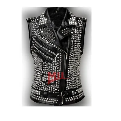 Handmade Men's Black Genuine Leather Sleeveless Jacket With Overload Studded • $199.99