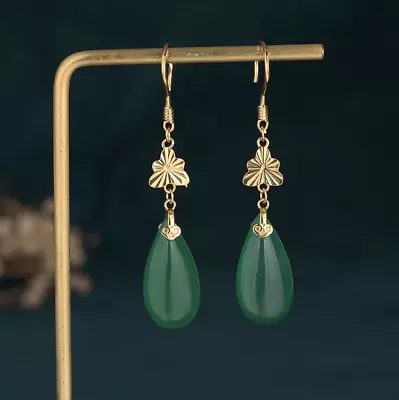 Jade Drop Dangle Earrings Flower Gemstone Boho Minimalist Hook 18K Gold Plated • $12.95