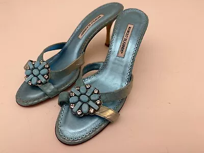 US 10 EU 40 MANOLO BLAHNIK Turquoise Blue Beads Rhinestones Mules • $89.99