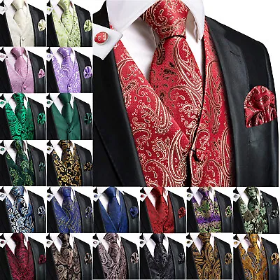 Mens Waistcoat Paisley Floral Silk Jacquard Vintage Vest Suit Tie Set Wedding • £14.99