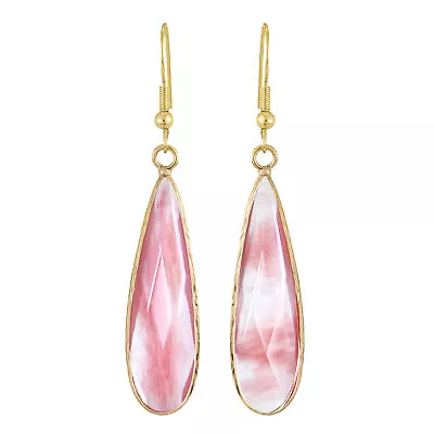 Unique Pink And White Kunzite Long Teardrops Gold-Plated Silver Dangle Earrings • $17.59