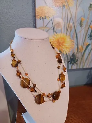 Dabby Reid 3 Strand Brown Tone Tiger Eye  Crystal Bead Necklace Gold Toned Metal • $17.50