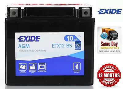 EXIDE AGM ETX12-BS - YTX12BS Motorcycle Motorbike Battery - Sealed & Activated • £39.85