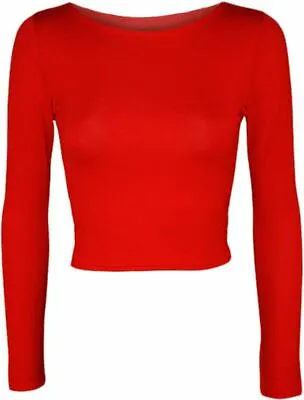 Ladies Round Neck Long Sleeve Crop Top T Shirt Tops Womens Top 8-14 • £4.94