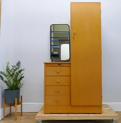 £65 • Buy Vintage Teak 1960's Single Wardrobe With 4 Drawers And Attractive Mirror  |8