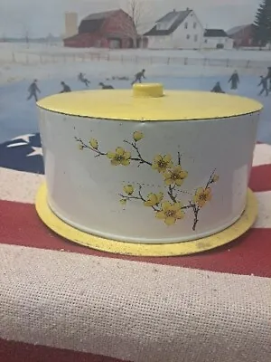 $14.99 • Buy Vintage Cake Tin Carrier Decoware Yellow Flowers 1960s Rustic Chic