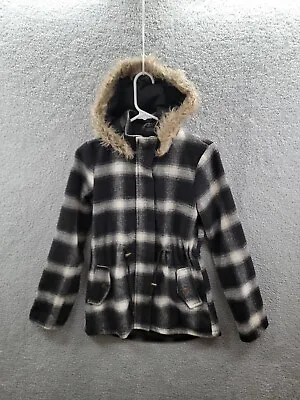 Mossimo Supply Co Plaid Wool Blend Jacket Coat Faux Fur Hood Womens Size Small • $20.95