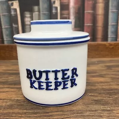 Vtg Butter Bell Butter Keeper White With Blue Trim Heavy Ceramic • $18