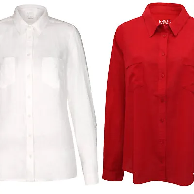 Ex M&S Red White Linen Button Up Collared Shirt Size 8 - 18 • £14.50