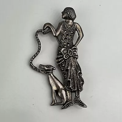 Vintage Sterling Silver Marcasite Lady Walking Her Dog Pin/Brooch Pendant Dress • $19.99
