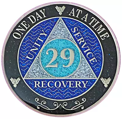 AA 29 Year Medallion Black Rainbow Blue Glitter Alcoholics Anonymous Coin • $25.99
