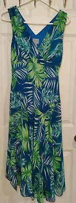 Rabbit Rabbit Rabbit Royal Blue/Green Floral Sleeveless Asymmetric Midi Dress 10 • £26.02