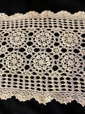 Vintage Hand Crocheted Table Runner 40  X 12  Ivory Medallion Cottage Charm VGC • $10.95