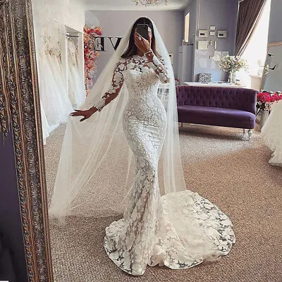 Ruffles Mermaid Wedding Dresses O-Neck Long Sleeves Lace Appliques Bridal Gowns • $152.90