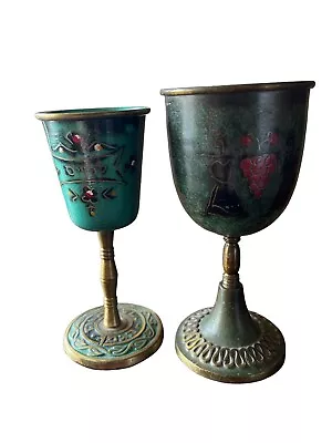 Two Israel Hakuli Hand Painted Goblet Sabra Bright Blue Green 5” Tall • $23.20