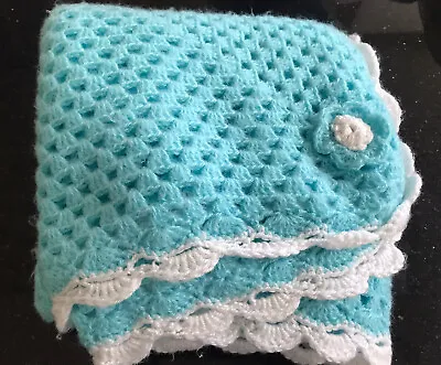 Hand Knitted Baby Blanket / Turquoise Colour / Large Size • £12.50