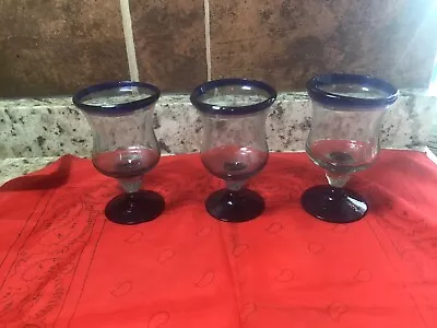 3 Mexican Cobalt Blue Rim & Base Hand Blown Goblets Wine Glasses Water • $15