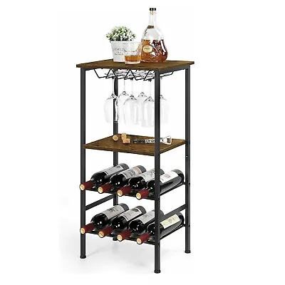 Wine Rack Table Industrial Wine Rack Freestanding Floor With Glass Holder Brown • $39.90