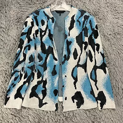 Ming Wang Cardigan Sweater Women's L Blue Black Geometric Print Knit Career • $44.97