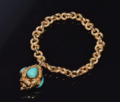 European Etruscan Revival Solid 750 18K Gold Turquoise Charm Fob Chain Bracelet • $2800