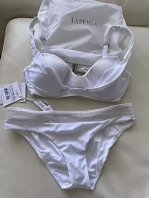 NWT LA PERLA Bikini Swimsuit Made In Italy Sz M BRIGHT WHITE With Silver $ 565 • $285