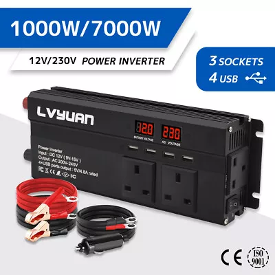 £43.99 • Buy Power Inverter 1000W 7000W Peak Converter DC 12v To AC 230v 240v 4USB 3Sockets