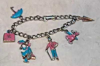 Vintage Mary Poppins Disney Themed Charm Bracelet Enamel Silvertone Jewelry • $2.99