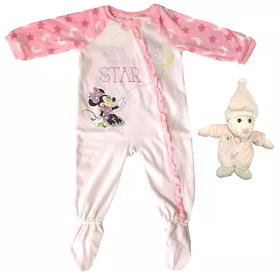 Disney Baby Minnie Mouse Infant Pajamas 9-12 Mo. Zipper Footie Sleeper & Plush • $18.57