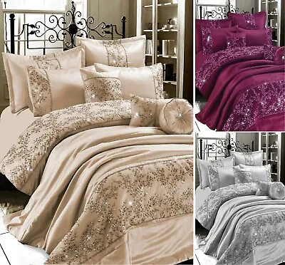 Luxuries GIGI EMBROIDERED Satin Silk Duvet Quilt Cover Set Or Bedspread Bed Set • £8.99