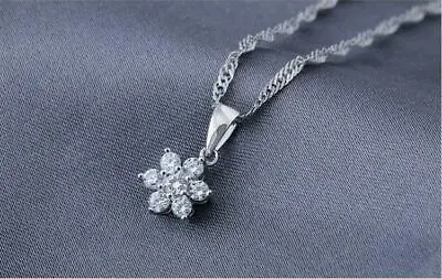 925 Sterling Silver Plated Cubic Zirconi CZ Flower Pendant Charm Necklace Gift • £3.96