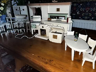 Vintage 30s 40s Handmade Wooden Dolls House Furniture Kitchen Living Room Set • £245