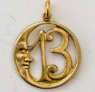 LUCKY 13 Crescent Moon Pendant Charm. Gold Tone.  Retro Vintage Style Good Luck. • $20