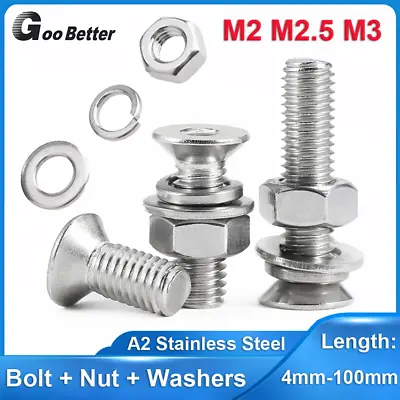 M2 M2.5 M3 Bolts And Nut Washer Countersunk Socket Hex Screws Set A2 Stainless • £1.55