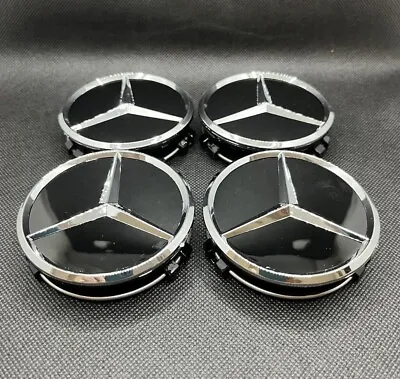 $18.95 • Buy Set Of 4 Fits Mercedes-Benz Wheel Center Caps BLACK With CHROME STAR AMG 75MM