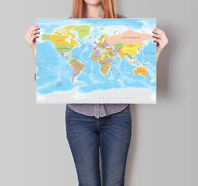 Laminated World Map  Print Poster Atlas Wall Chart A1 A2 A3 Free Postage • £7.99