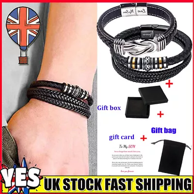 To My Son Love You Forever Leather Braided Bracelet Wristband + Gift Card Mens H • £5.82