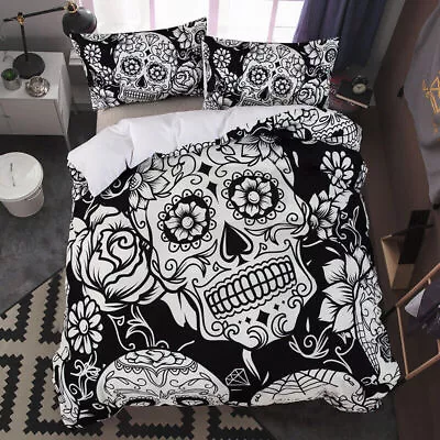 Black Floral Skull Quilt Duvet Doona Cover Set Single/Double/Queen/King Size Bed • $28.95