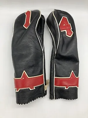 Vintage Acushnet Leather Golf Club Head Covers Black With Red 1 & 4 Fabric Lined • $20.71