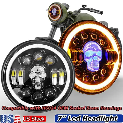 7  Skull LED Headlight Angel Eyes For Harley-Davidson Honda Yamaha Motorcycle US • $38.99
